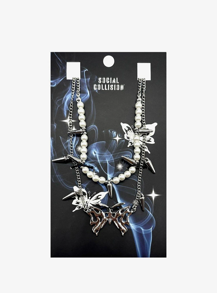 Social Collision Butterfly Spike Pearl Necklace Set