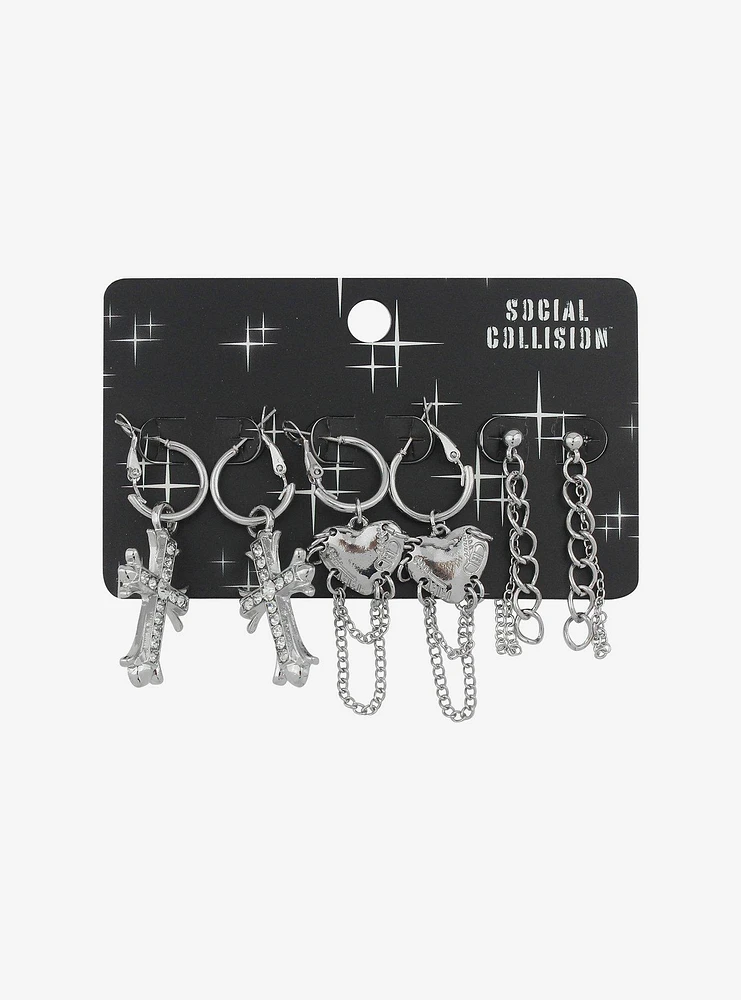 Social Collision Cross Heart Chain Bling Drop Earring Set