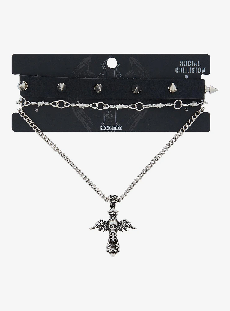 Social Collision Winged Skull Cross Necklace Set