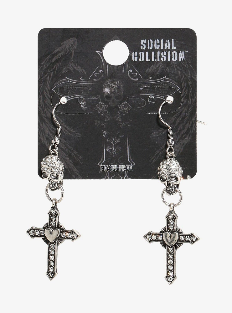 Social Collision Rhinestone Skull & Cross Drop Earrings