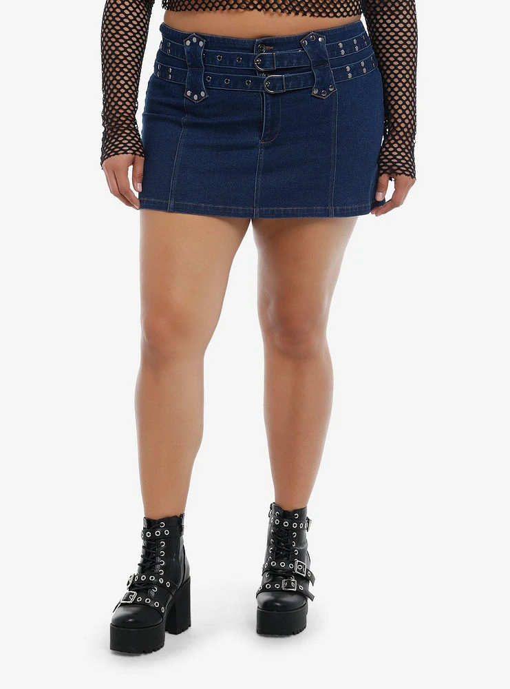 Social Collision Dark Denim Double Belt Mini Skirt