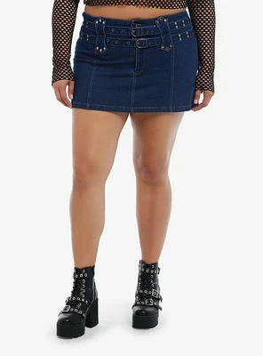 Social Collision Dark Denim Double Belt Mini Skirt