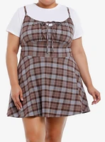 Thorn & Fable Brown Grey Plaid Twofer Dress Plus