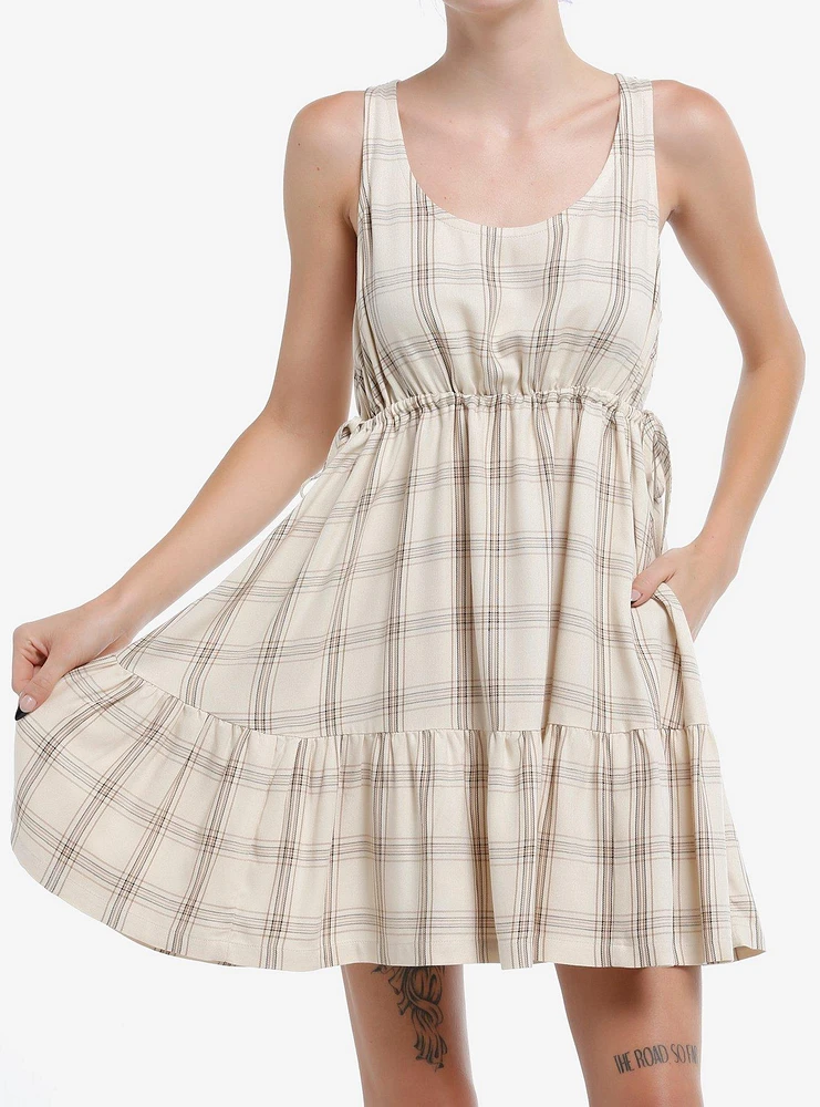 Thorn & Fable Cream Brown Plaid Tank Dress