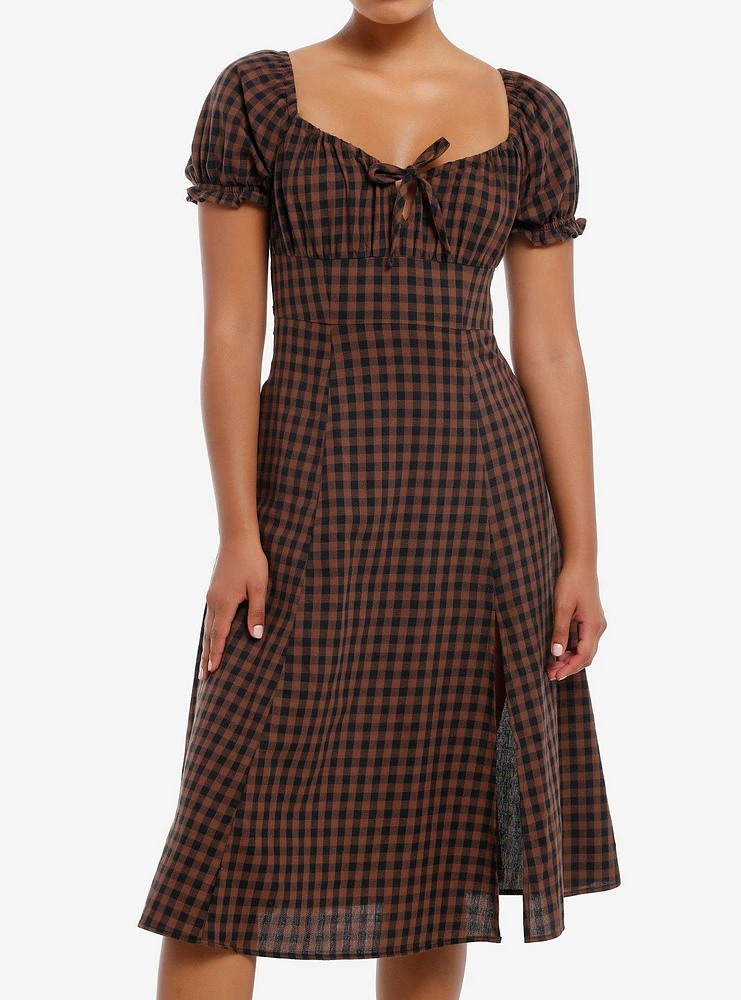 Thorn & Fable Brown Black Checkered Empire Waist Midi Dress