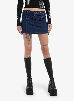 Social Collision Indigo Double-Belted Denim Mini Skirt