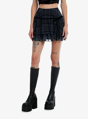 Social Collision Black & Blue Grey Plaid Tiered Skirt