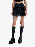 Social Collision Black & Blue Grey Plaid Tiered Skirt