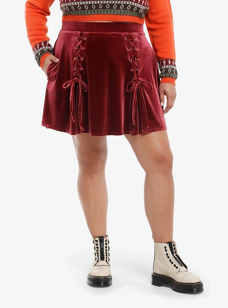 Thorn & Fable Burgundy Velvet Lace-Up Skater Skirt Plus