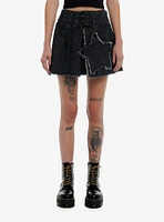 Social Collision Grey Frayed Star Pleated Denim Skirt