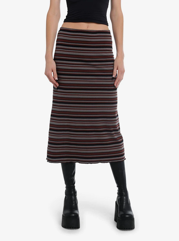 Thorn & Fable Maroon Brown Black Stripe Knit Midi Skirt