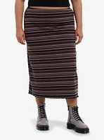 Thorn & Fable Maroon Brown Black Stripe Knit Midi Skirt