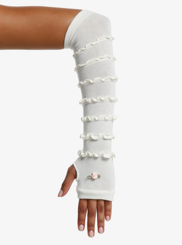 Cream Ruffle Rose Arm Warmers