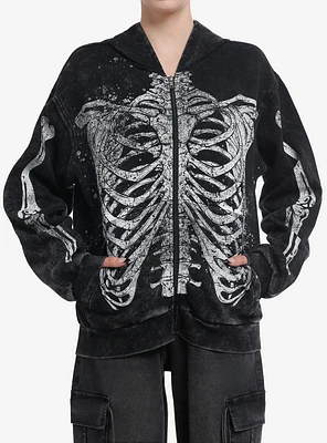 Rib Cage Skeleton Mineral Wash Girls Zip-Up Hoodie