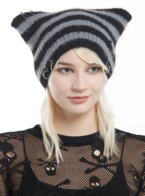 Black & Grey Stripe Ear Pierced Beanie