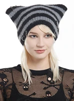 Black & Grey Stripe Ear Pierced Beanie