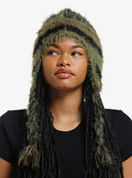 Green Stripe Star Fuzzy Tassel Beanie