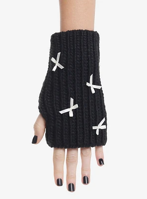 Black Chunky Knit White Ribbon Fingerless Gloves