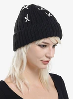 Black Chunky Knit White Ribbon Beanie