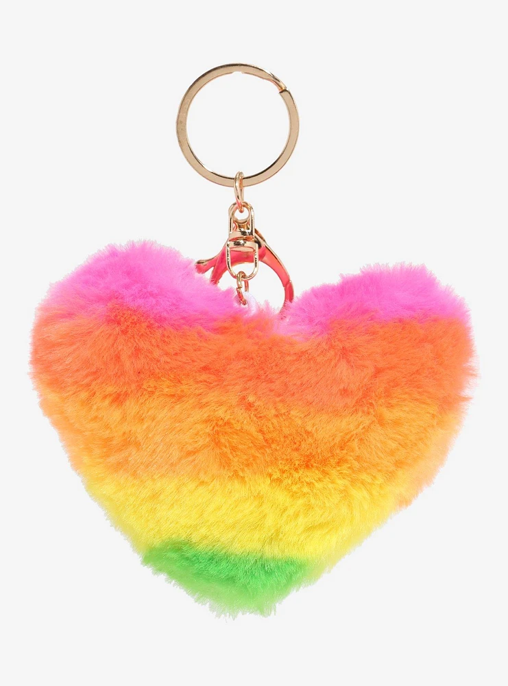 Rainbow Stripe Fuzzy Heart Plush Key Chain