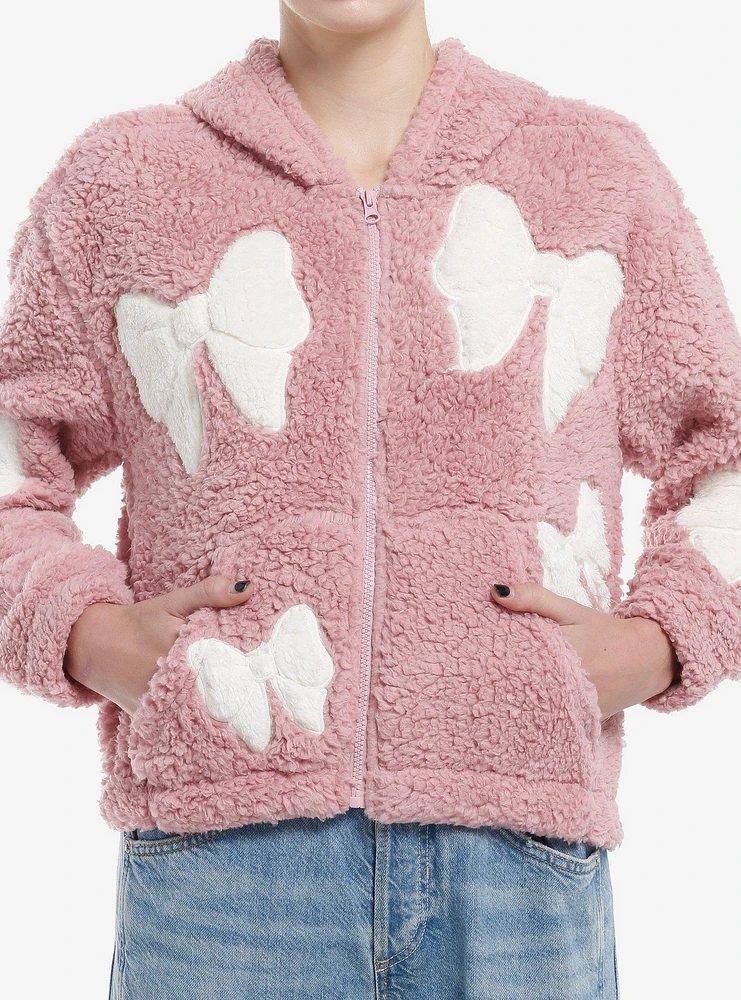 Pink & White Bow Sherpa Girls Hoodie