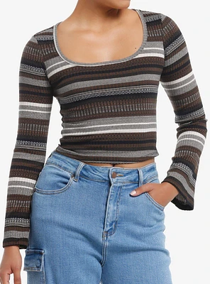 Brown & Grey Stripe Knit Girls Bell Sleeve Top