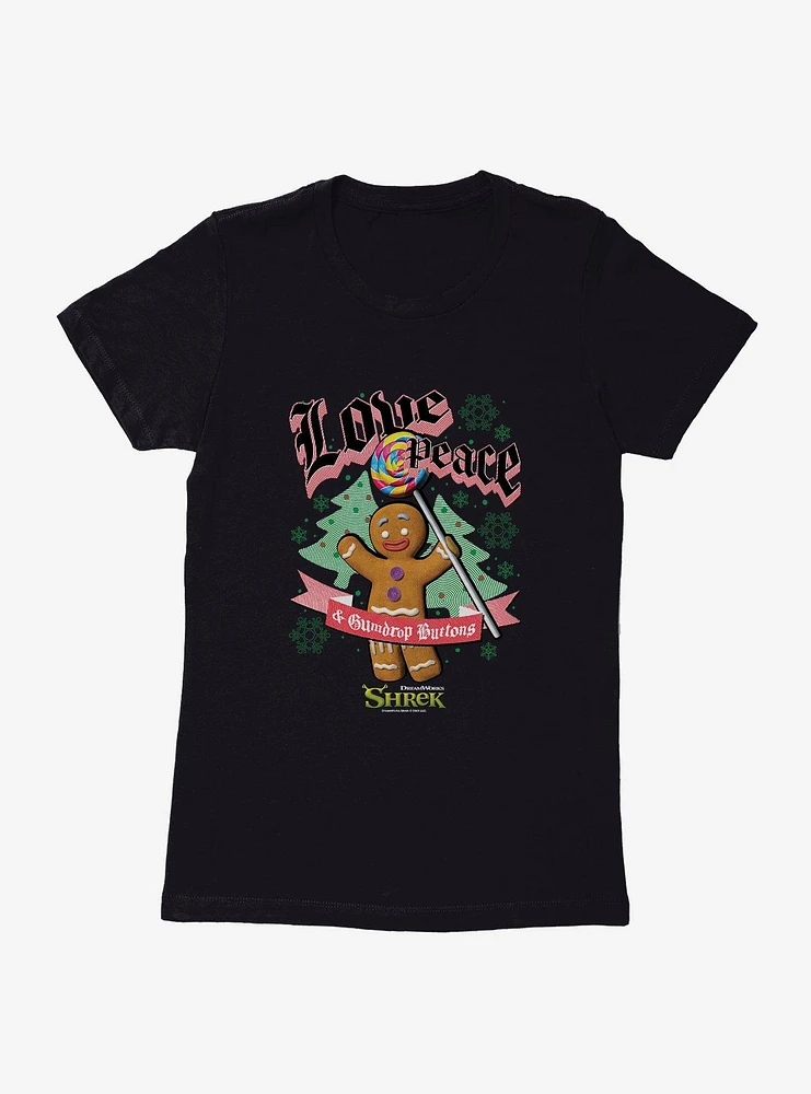 Shrek Love Peace & Gumdrop Buttons Womens T-Shirt