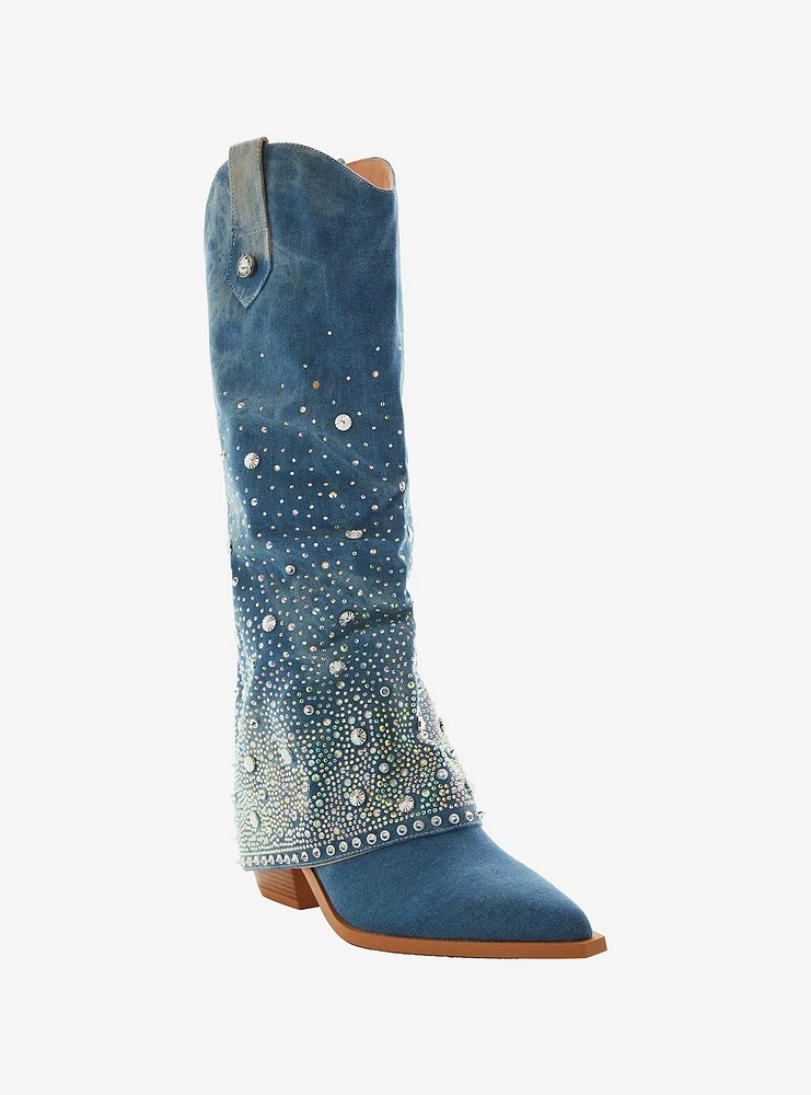 Azalea Wang Denim Bling Western Boots