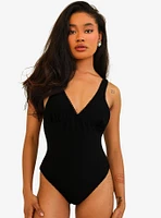 Dippin' Daisy's Hefner V Neck Ruffle Swim One Piece Black Rib