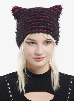 Black & Pink Stripe Ear Fuzzy Beanie