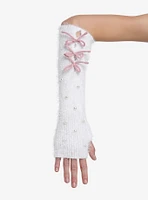 White Pearl Pink Bow Fuzzy Arm Warmers