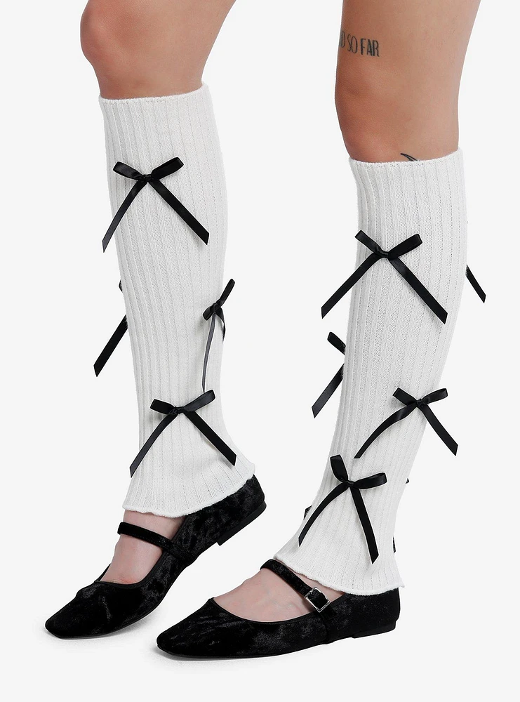 Cream Black Bow Ribbed Leg Warmers