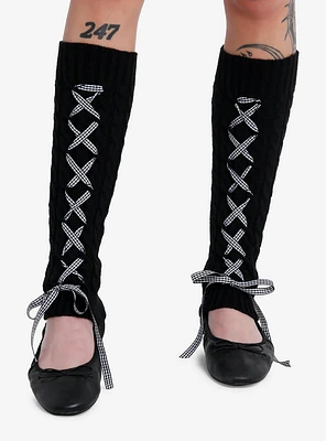 Black Gingham Lace-Up Ribbon Leg Warmers