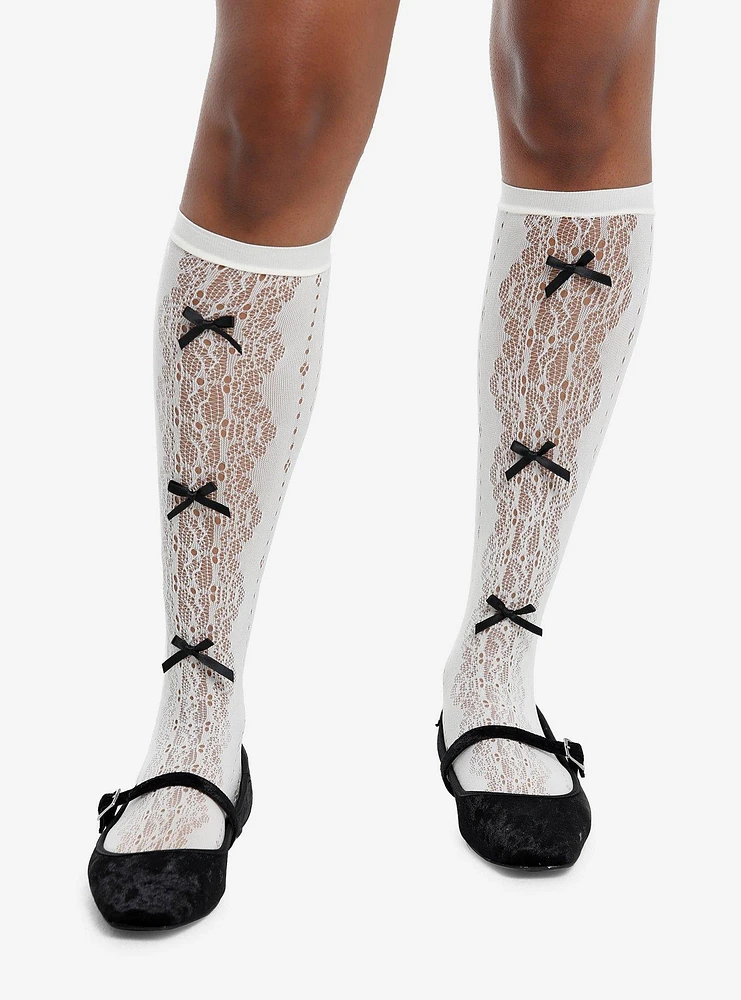 Cream Pointelle Black Bow Knee-High Socks