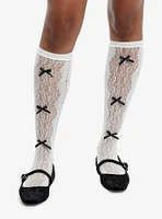 Cream Pointelle Black Bow Knee-High Socks