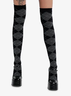 Black & Grey Argyle Knee-High Socks