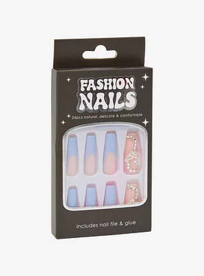 Blue & Pink Butterfly Bling Faux Nail Set