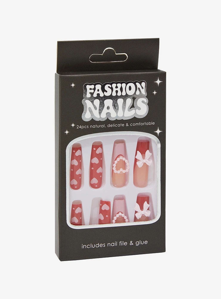 Pink Heart & Bow Faux Nail Set