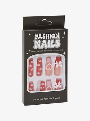 Pink Heart & Bow Faux Nail Set