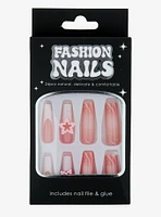 Pink Pearl Star Bling Faux Nail Set