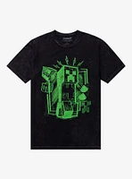 Minecraft Creeper Neon Sketch Dark Wash T-Shirt