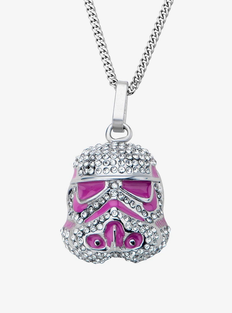 Star Wars Stormtrooper with Clear Gem and Pink Enamel Filled Pendant Necklace