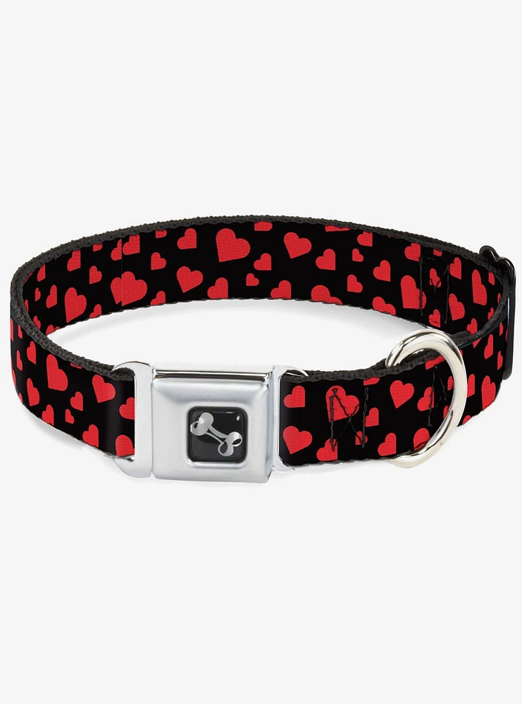 Hearts Scattered Black Red Seatbelt Buckle Dog Collar