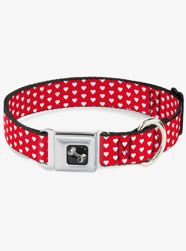 Mini Hearts Monogram Red White Seatbelt Buckle Dog Collar