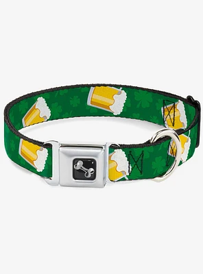 St. Patrick's Day Clovers Beer Mugs Green Seatbelt Buckle Dog Collar