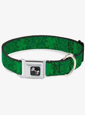 St. Patrick's Day Clovers Scattered Outline Solid Green Seatbelt Buckle Dog Collar