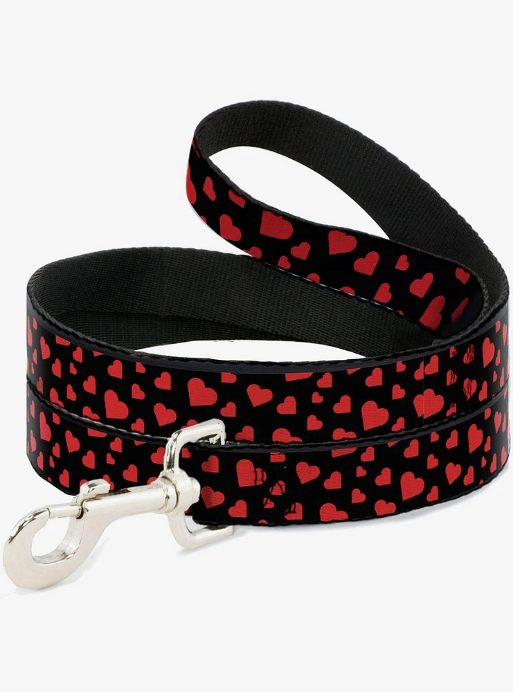 Hearts Scattered Black Red Dog Leash