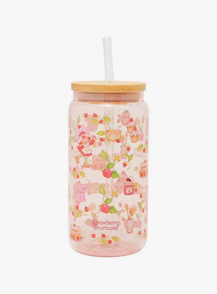 Strawberry Shortcake Custard & Strawberry Allover Print Glass Cup with Straw