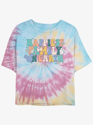 Disney Mickey Mouse Happiest Family On Earth Womens Tie-Dye Crop T-Shirt