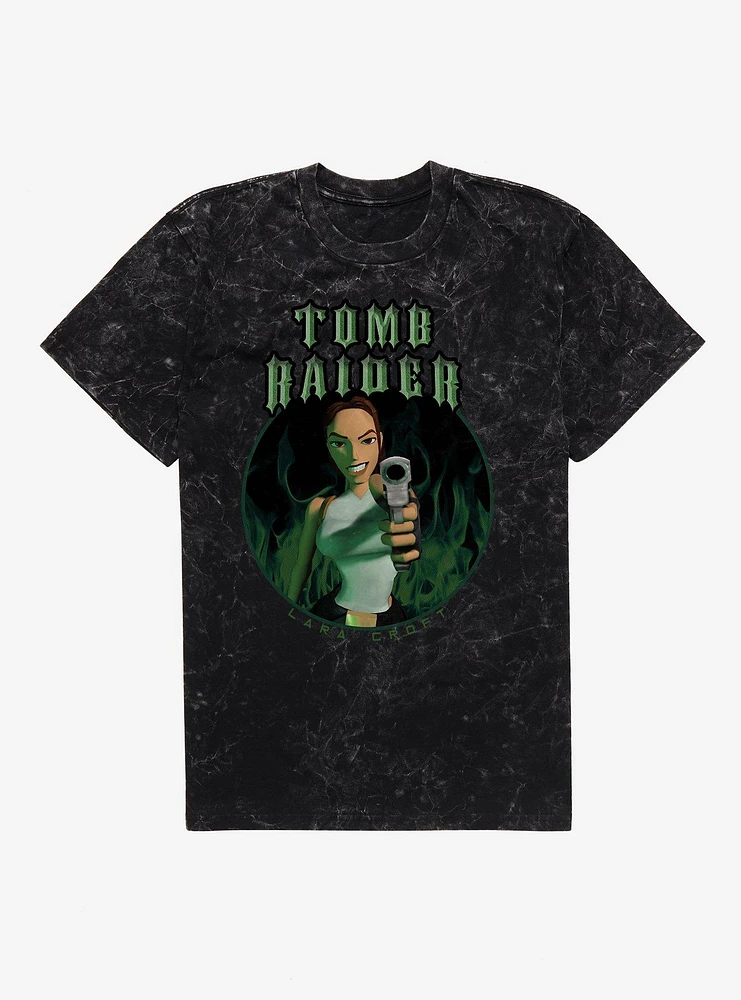Tomb Raider Lara Croft Green Flames Mineral Wash T-Shirt
